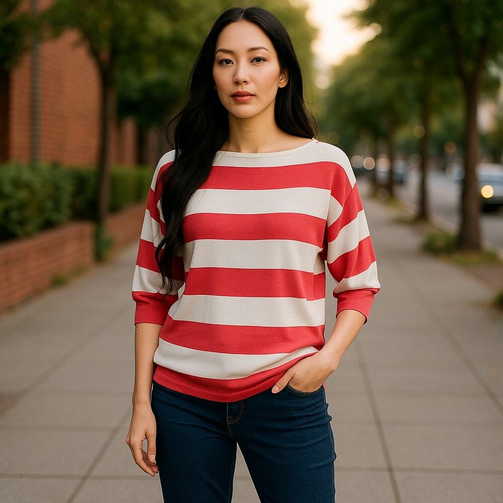EXPRESS Ladies Thin Bright Coral Striped Sweater Top ~ XS
